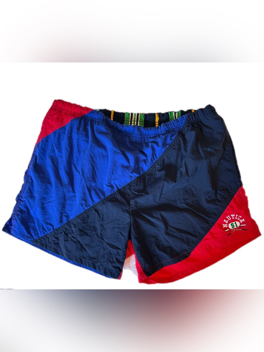 Vintage Nautica Men's Red, Navy & Royal Blue Colorblock Swim Trunks